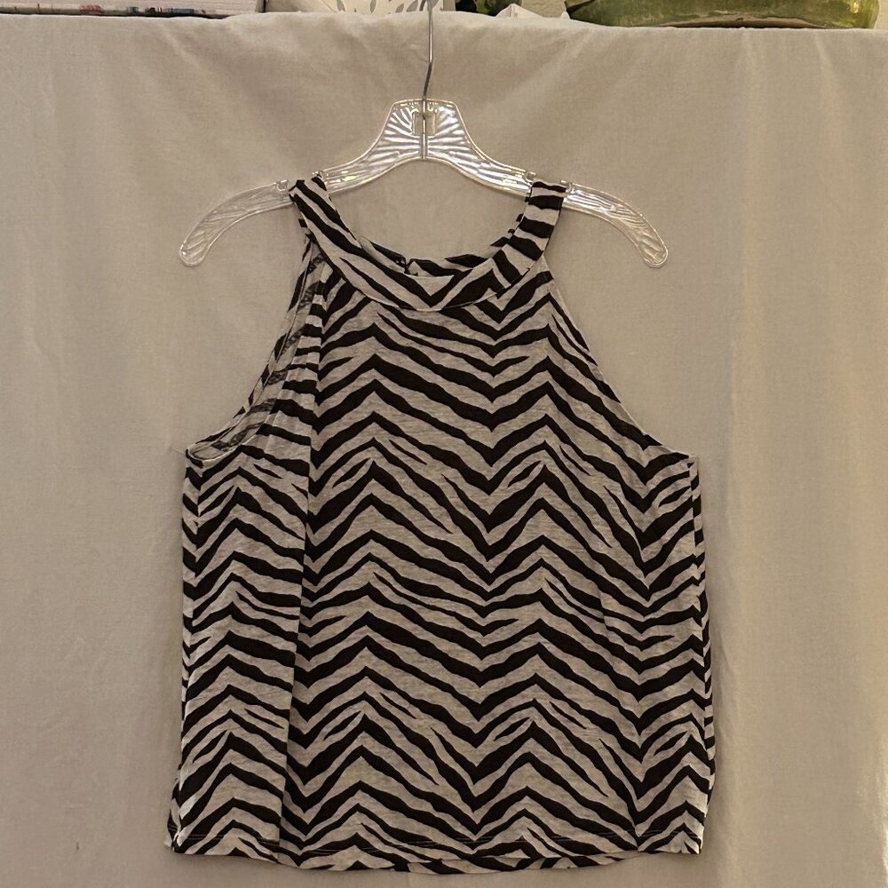 Large Tahari Linen tank top. Brown & white print